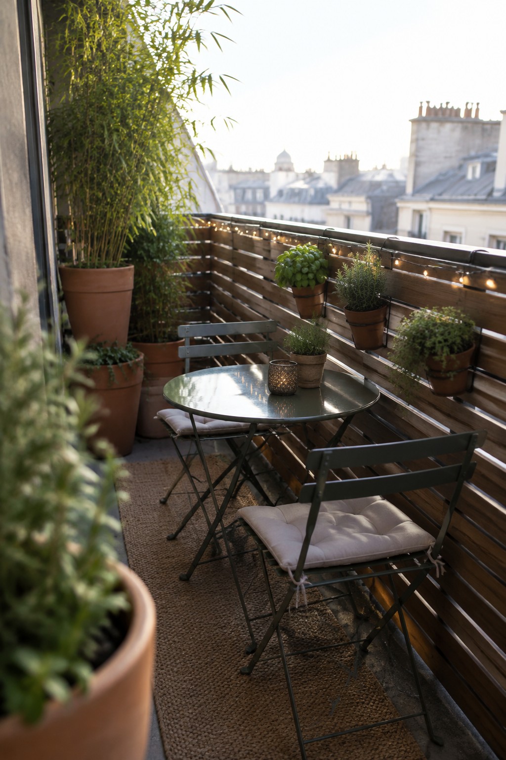 A narrow balcony has tall bamboo in pots along one side, a wooden railing with small potted herbs, and a table with folding chairs.