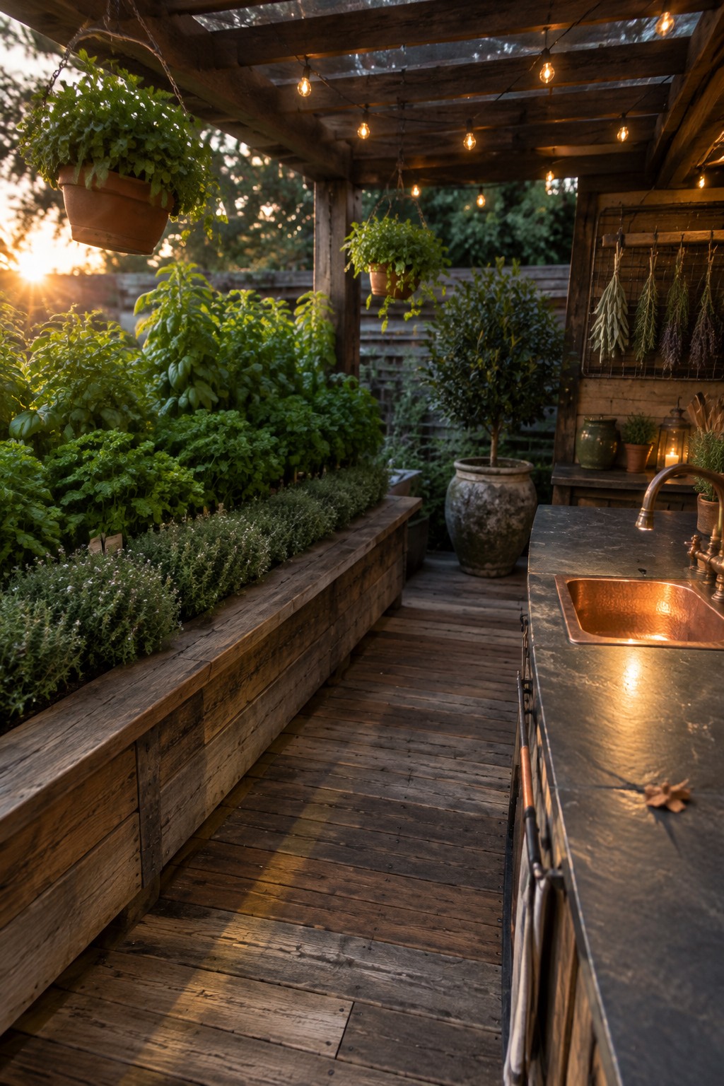 A covered wooden patio has a raised herb bed beside a counter with a copper sink.