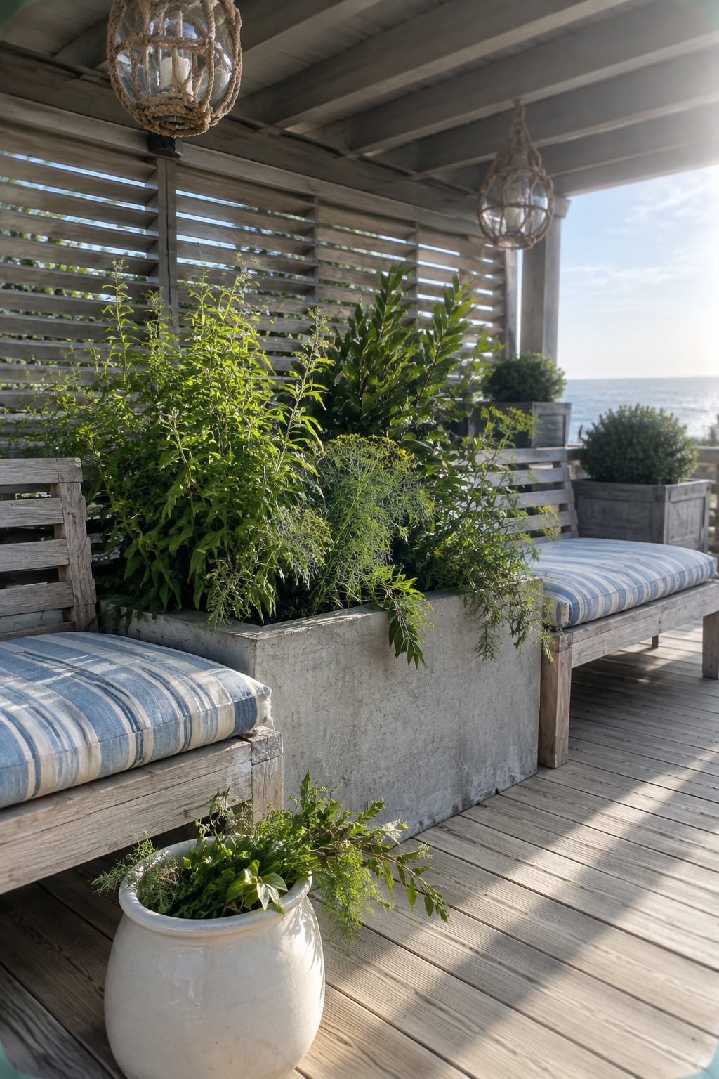 A concrete planter filled with leafy herbs sits between wooden patio benches with blue-and-white striped cushions.