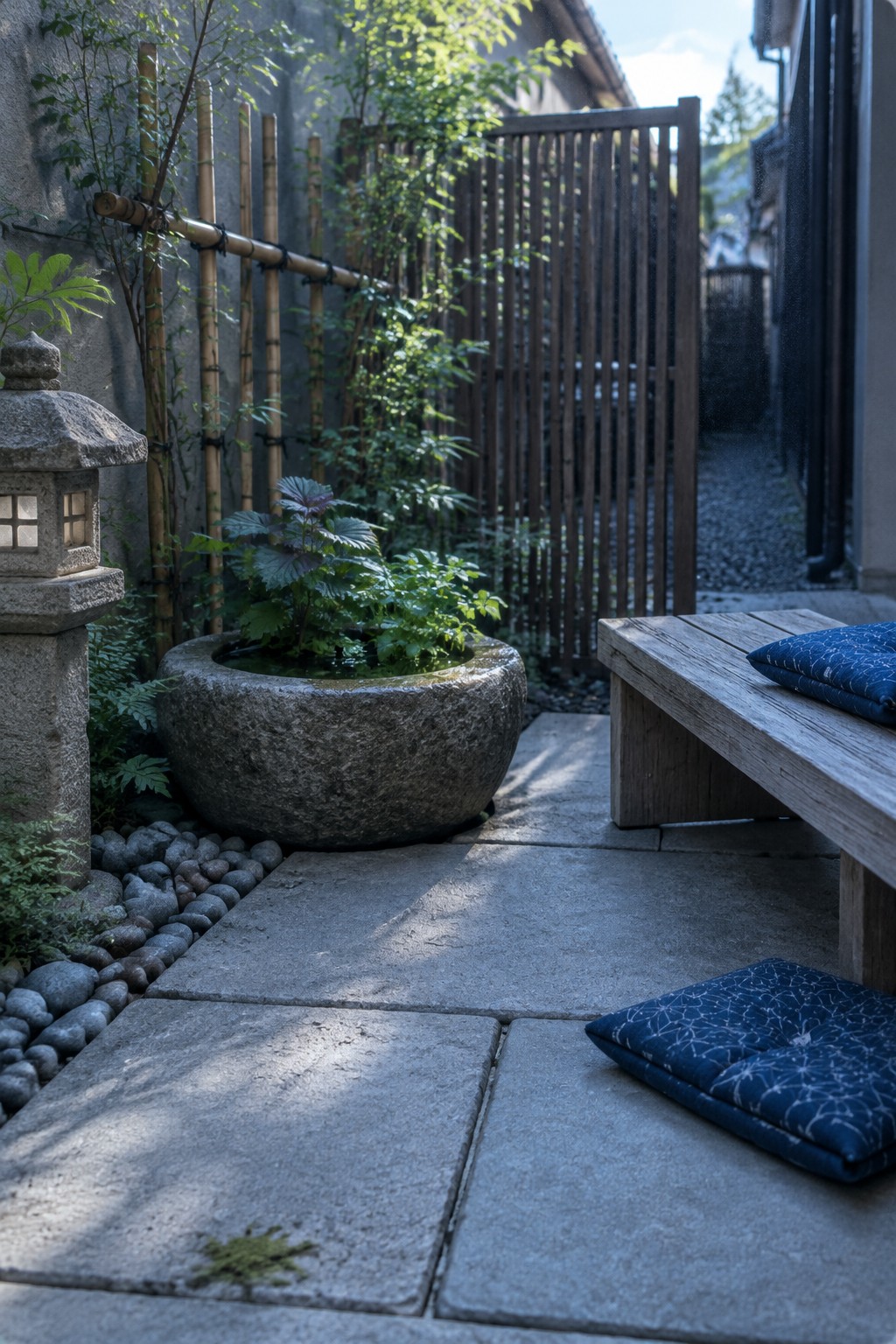 A stone planter with leafy greenery sits beside a wooden patio bench, stone lantern, and gravel path.