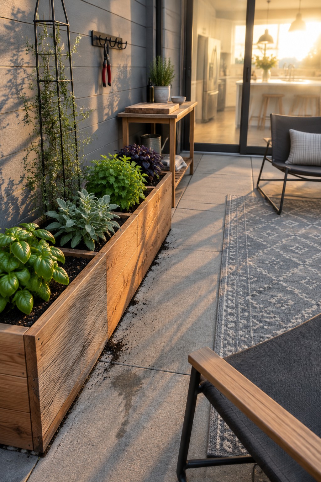 A long wooden raised planter filled with herbs sits along a patio wall beside a small worktable and outdoor seating.