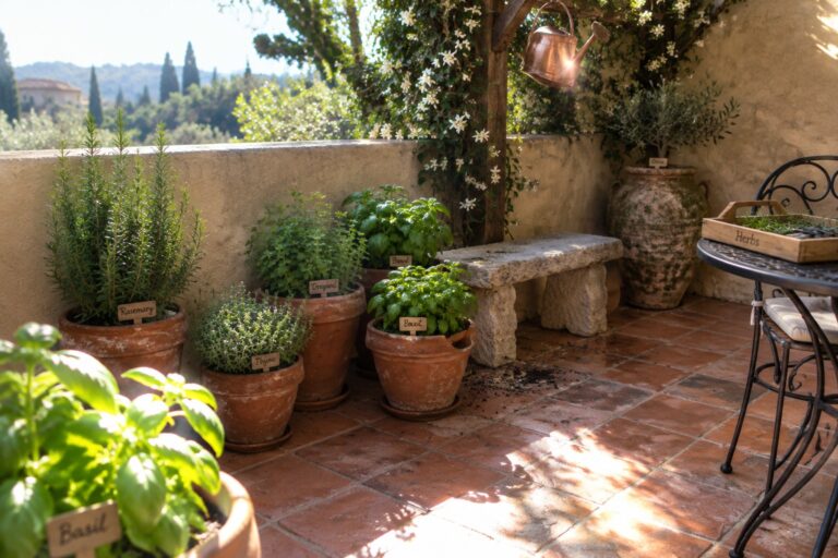 Terracotta pots of basil, rosemary, thyme, and oregano sit on a tiled patio beside a stone bench and outdoor table.