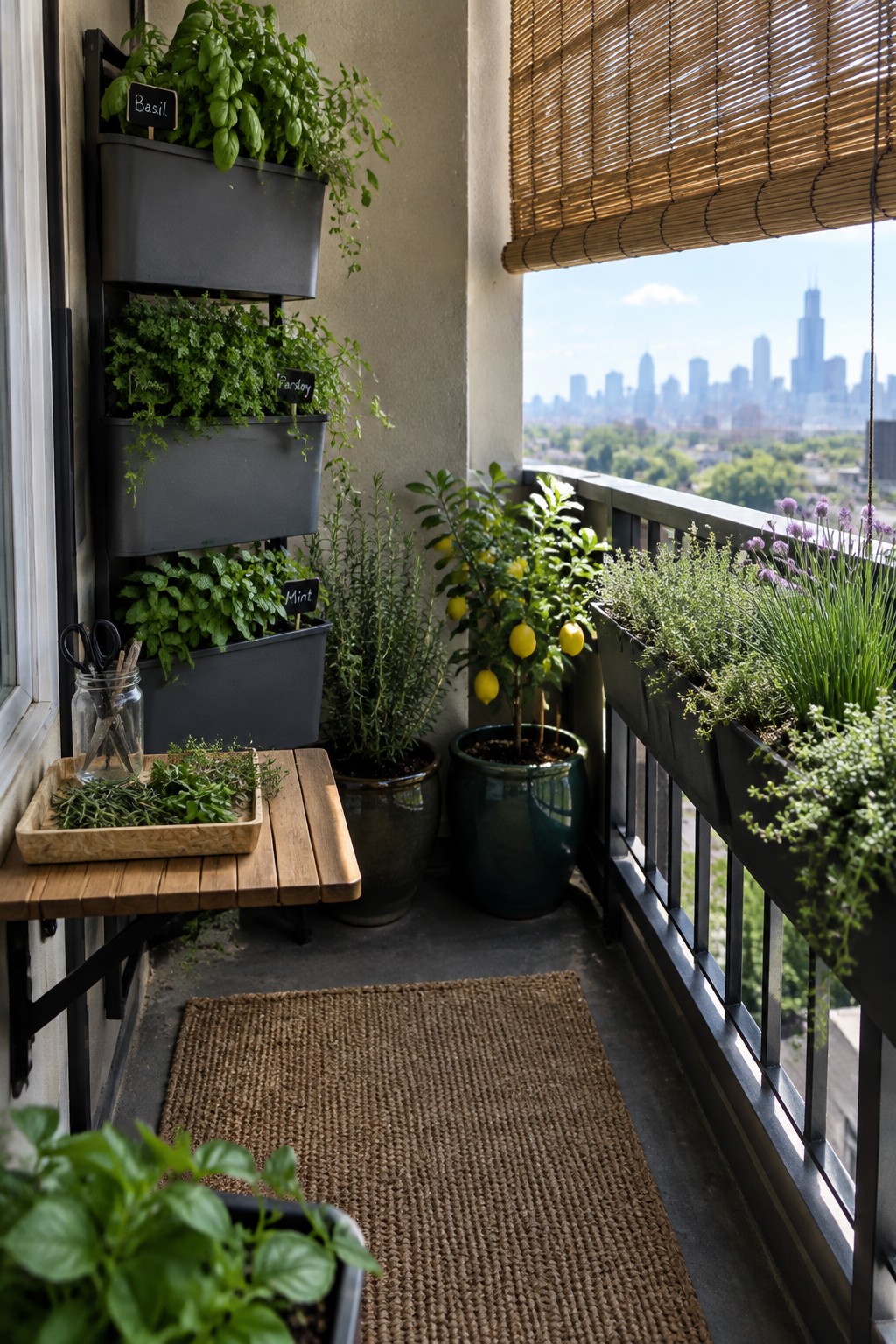 A narrow balcony has stacked wall planters labeled basil, parsley, and mint, along with potted plants and a wooden table.