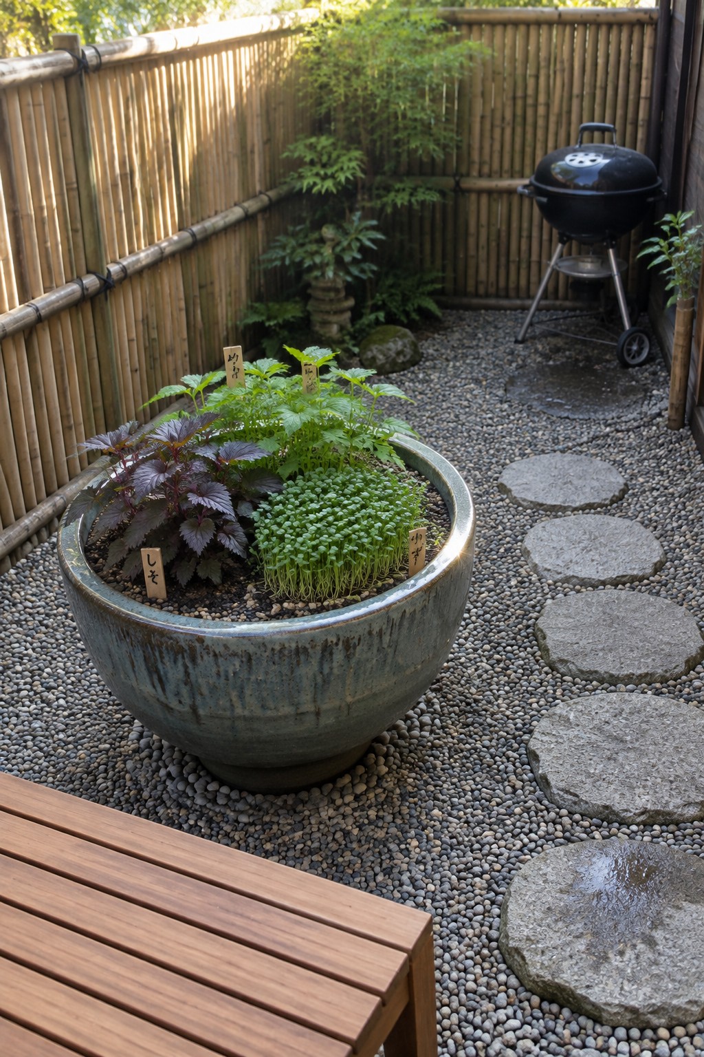 A large ceramic planter filled with herbs sits on a gravel patio beside a bamboo fence and stepping stones.