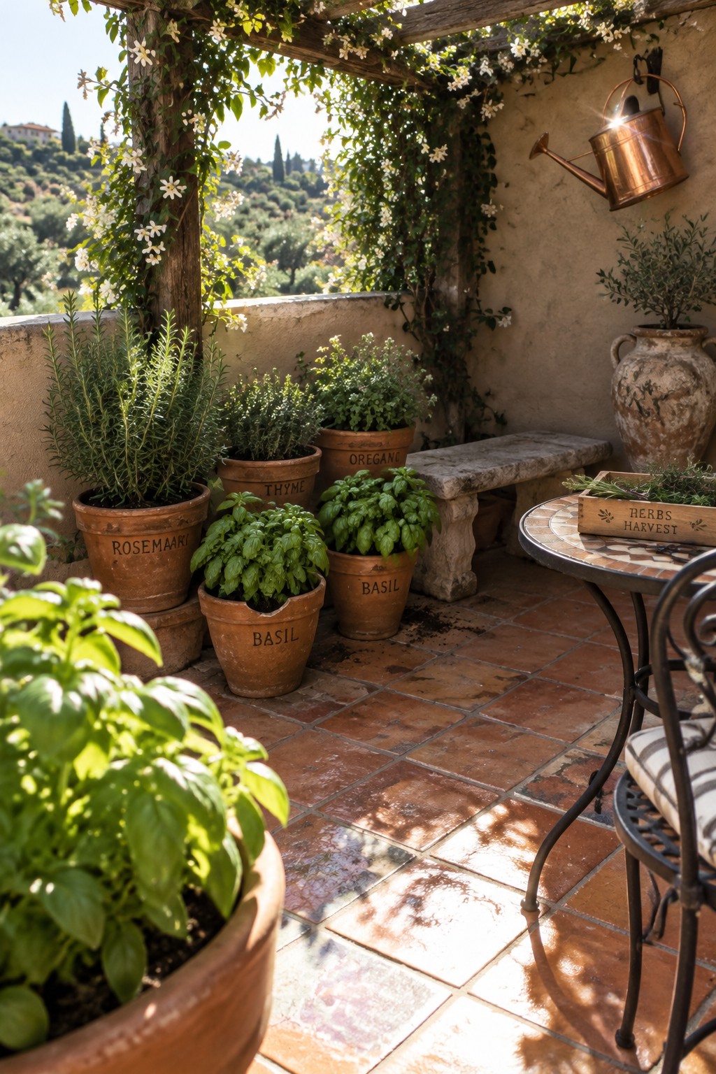 Terracotta pots of basil, rosemary, thyme, and oregano sit on a tiled patio beside a stone bench and outdoor table.