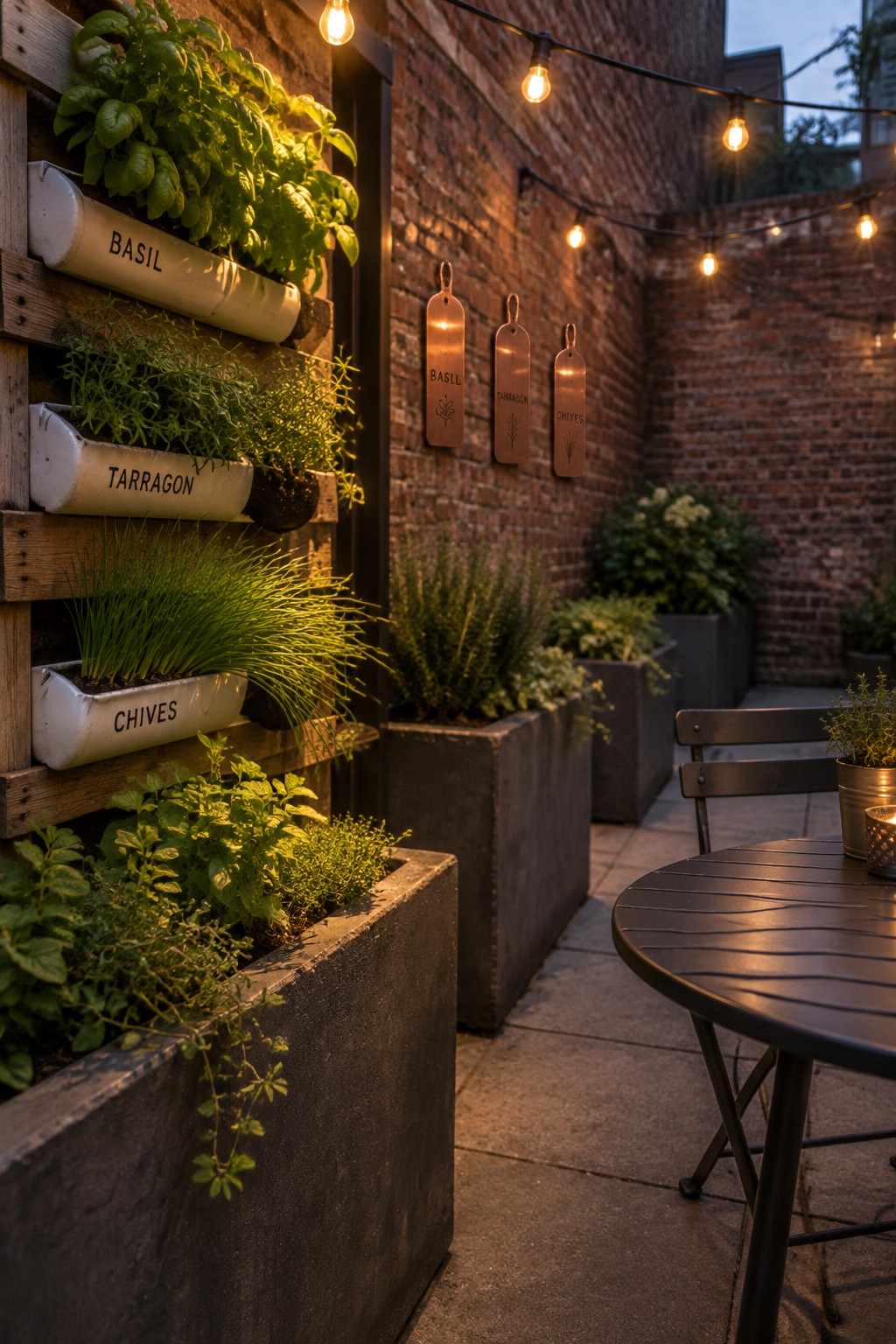 Wall-mounted planters labeled basil, tarragon, and chives sit above concrete herb beds on a brick patio with string lights and a round table.
