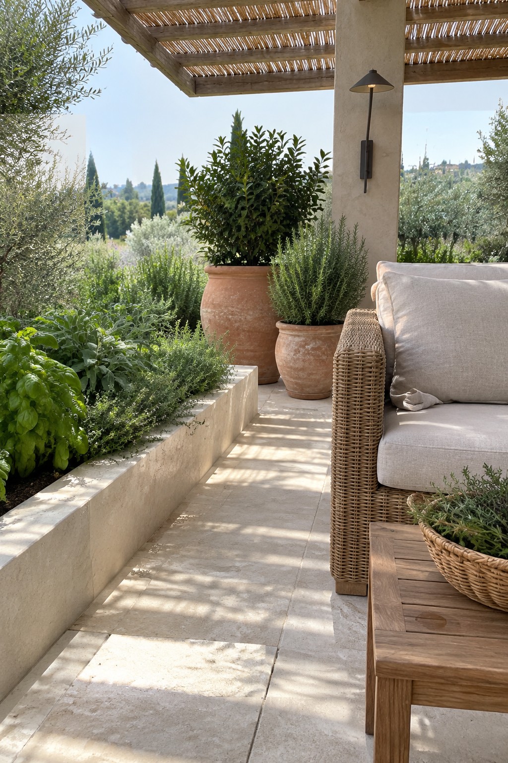 A stone planter bed filled with herbs runs beside a tiled patio with wicker seating and terracotta pots.