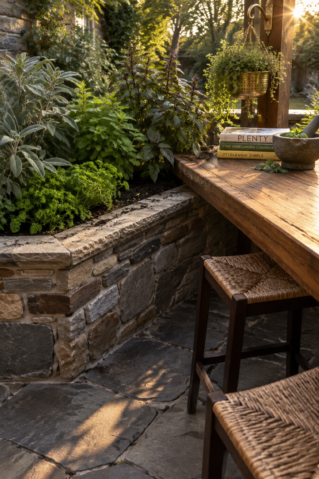 A wooden counter beside a raised stone herb bed holds cookbooks and a mortar and pestle.