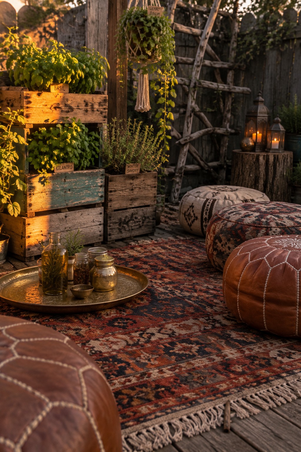 Wooden crate planters labeled with herb names sit beside patterned cushions and a rug on a patio.