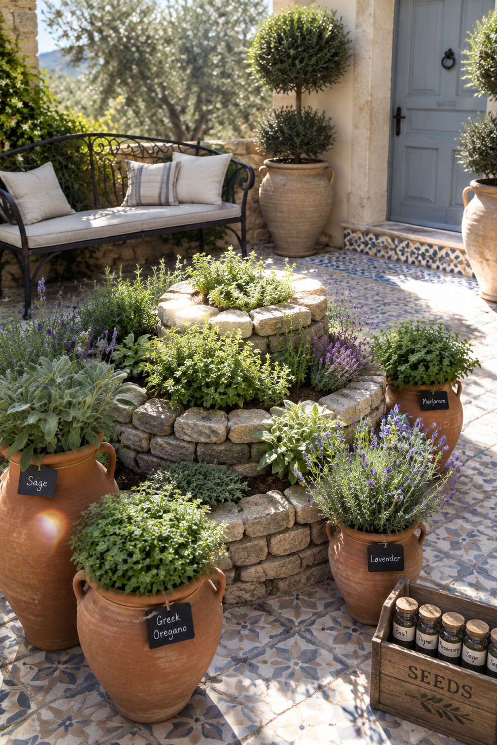 A tiered stone herb bed with potted sage, Greek oregano, lavender, and marjoram on a tiled patio.
