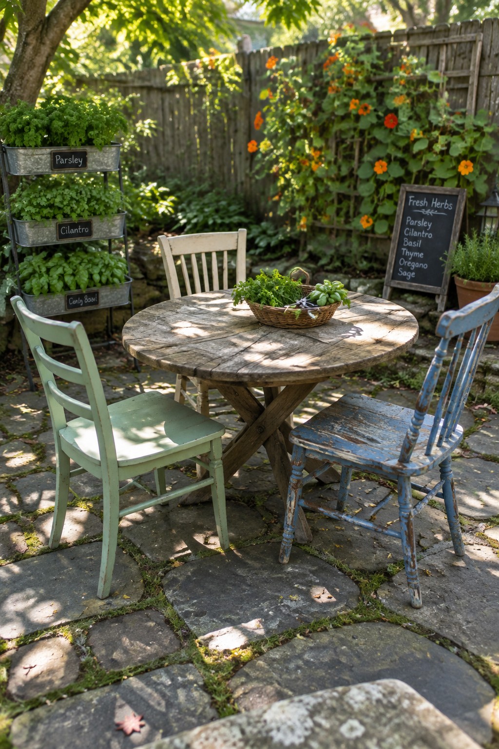 A round wooden patio table with a basket of herbs sits among chairs, tiered herb planters, and a chalkboard herb list.