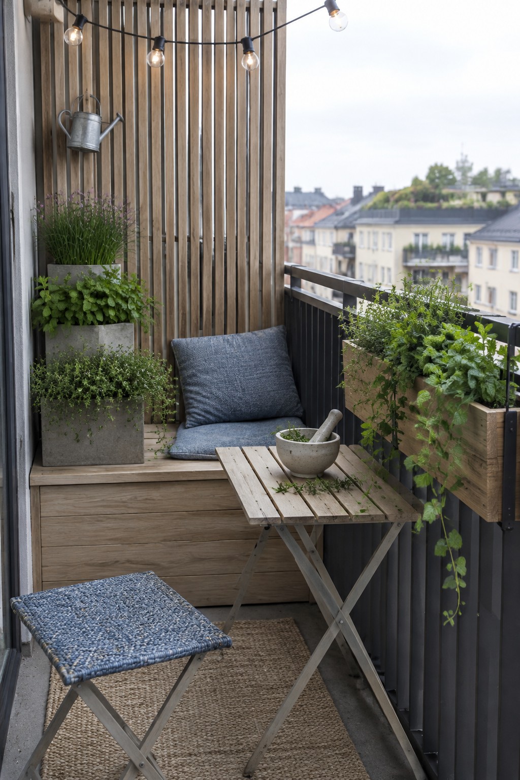 A narrow balcony has wooden planters filled with herbs along the railing and a small table beside a built-in bench.