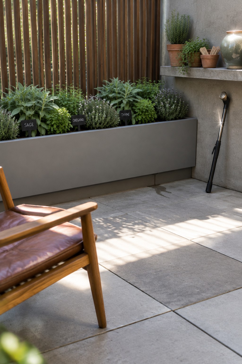 A raised patio planter filled with sage, oregano, and thyme sits beside a wooden slat fence.