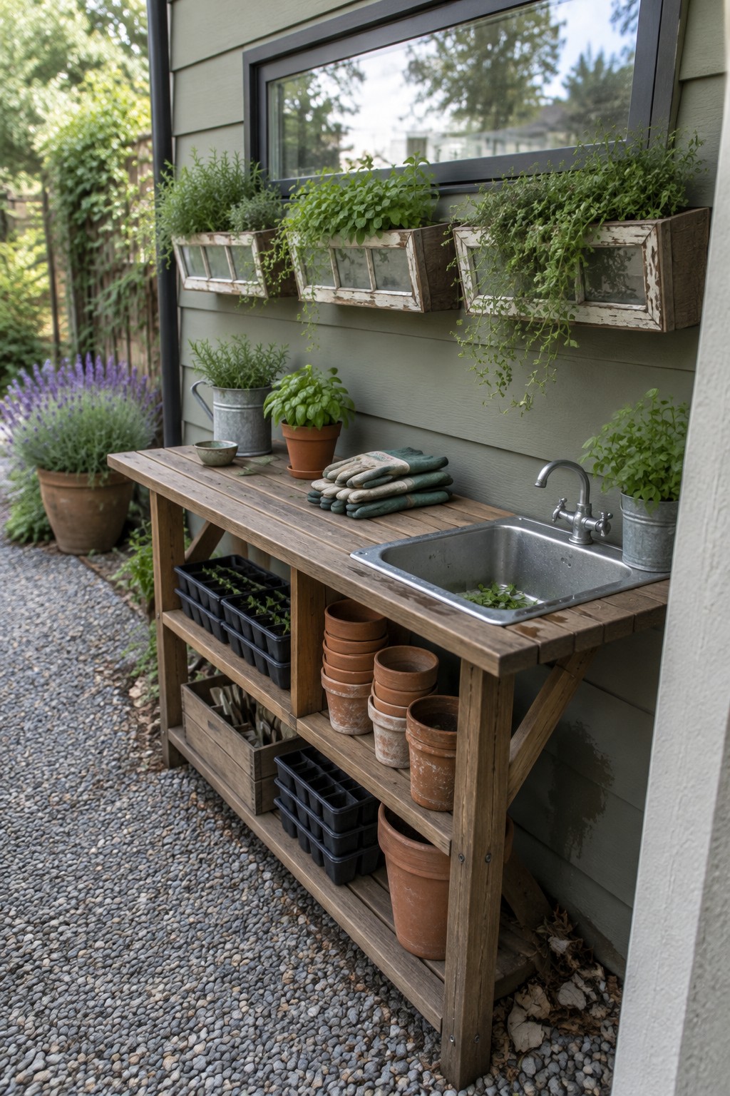 A wooden potting bench with a metal sink, potted plants, and herb planters mounted on the wall above.