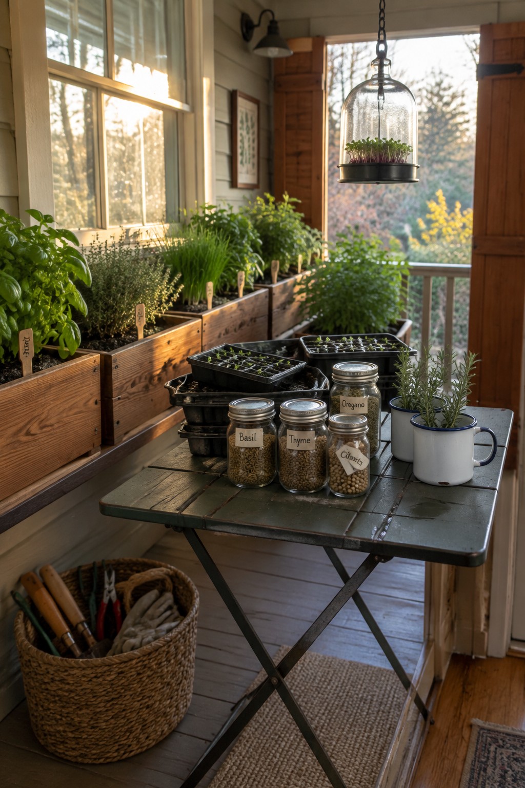 A folding worktable holds seed trays, labeled herb jars, and a potted rosemary plant beside raised wooden herb beds.