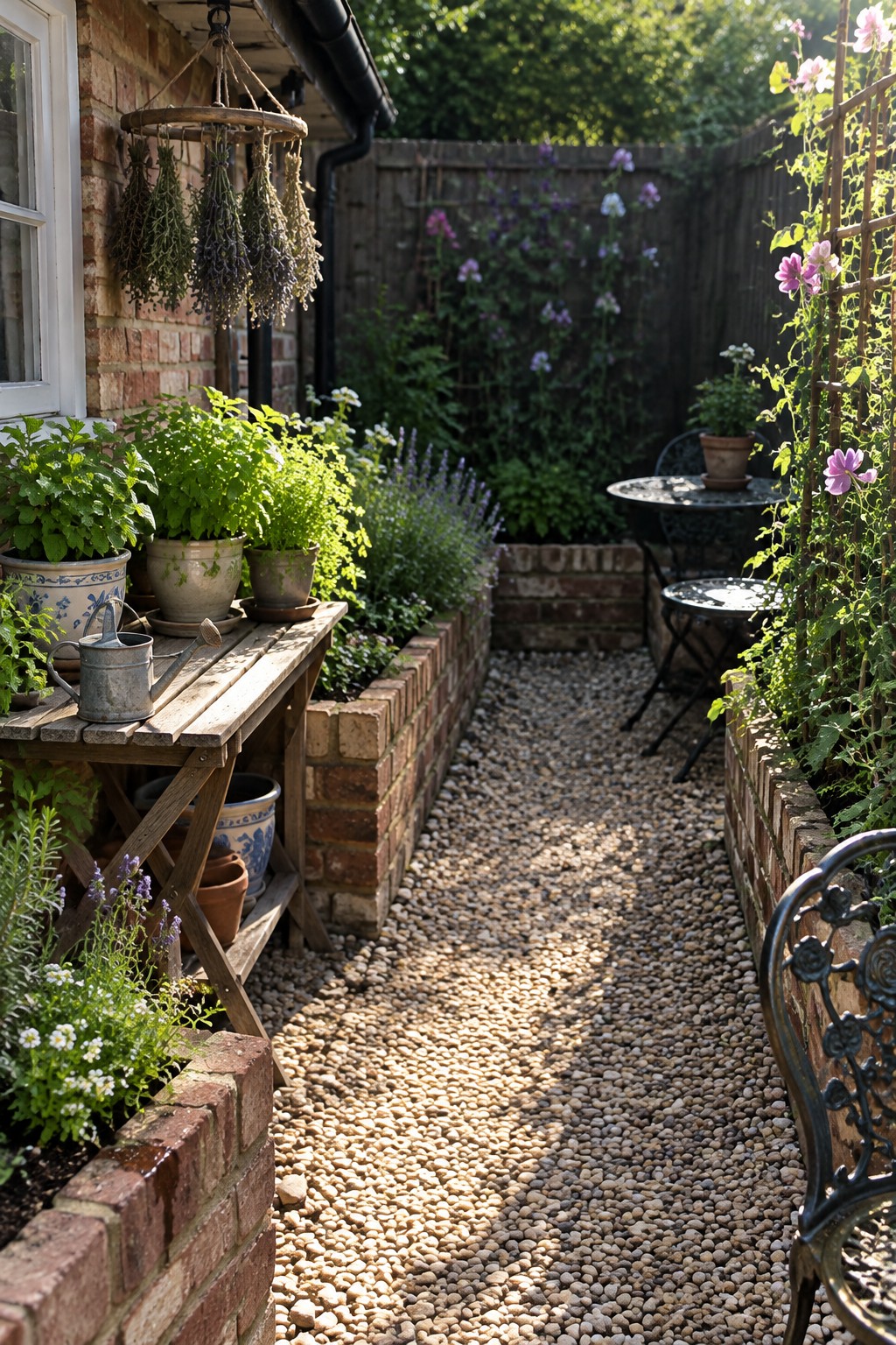 A gravel path runs between brick-edged garden beds beside a brick house, with potted plants on a wooden bench.