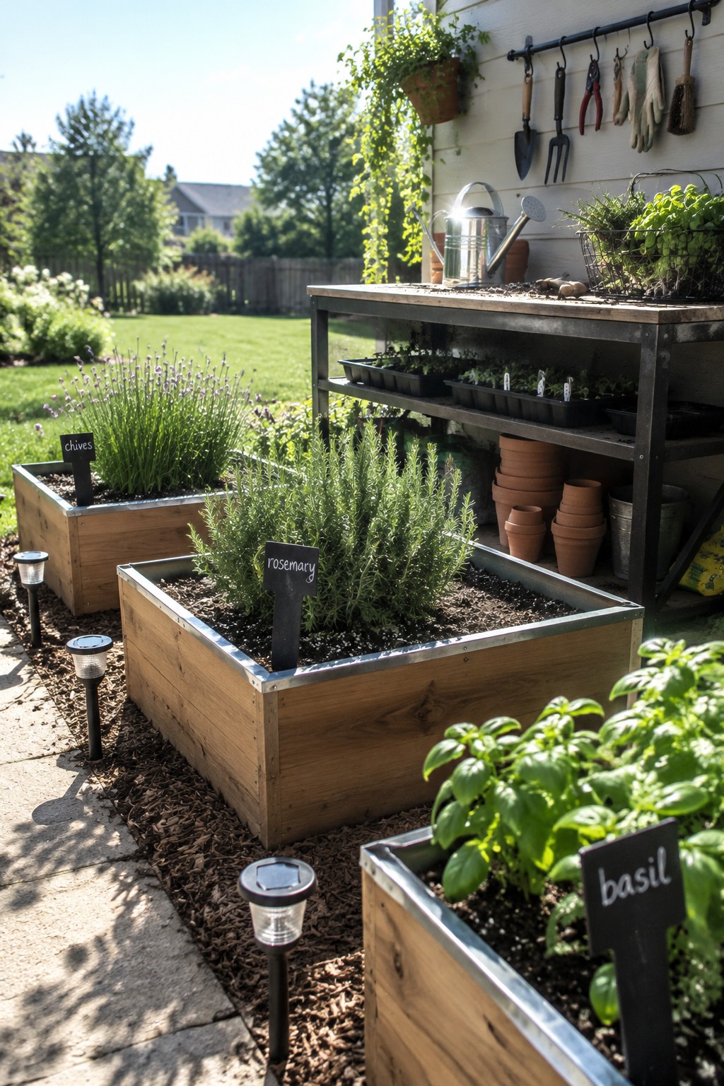 Wooden raised beds of chives, rosemary, and basil sit beside a garden workbench with tools and pots.