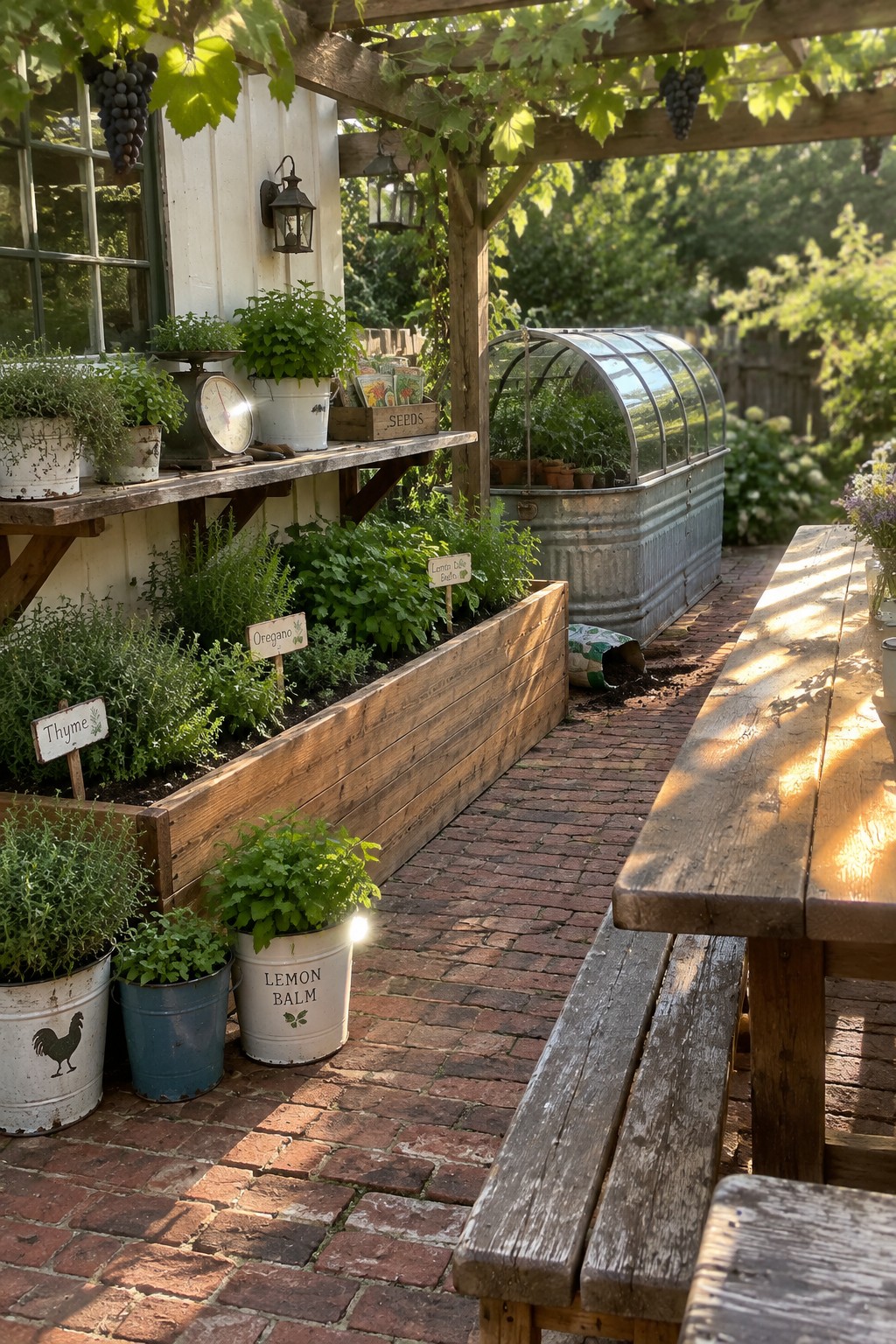 A wooden raised herb bed beside a brick patio path, with thyme and oregano labels, potted herbs, and a small greenhouse.