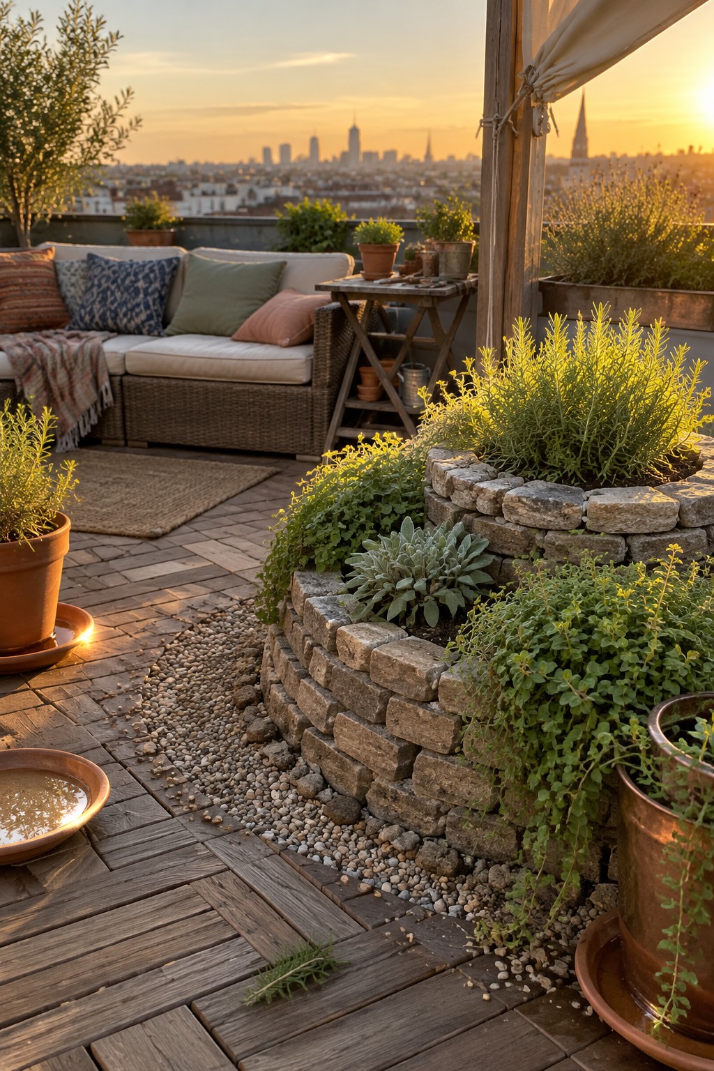 A rooftop patio has raised stone garden beds filled with green plants beside a wooden deck and seating area.