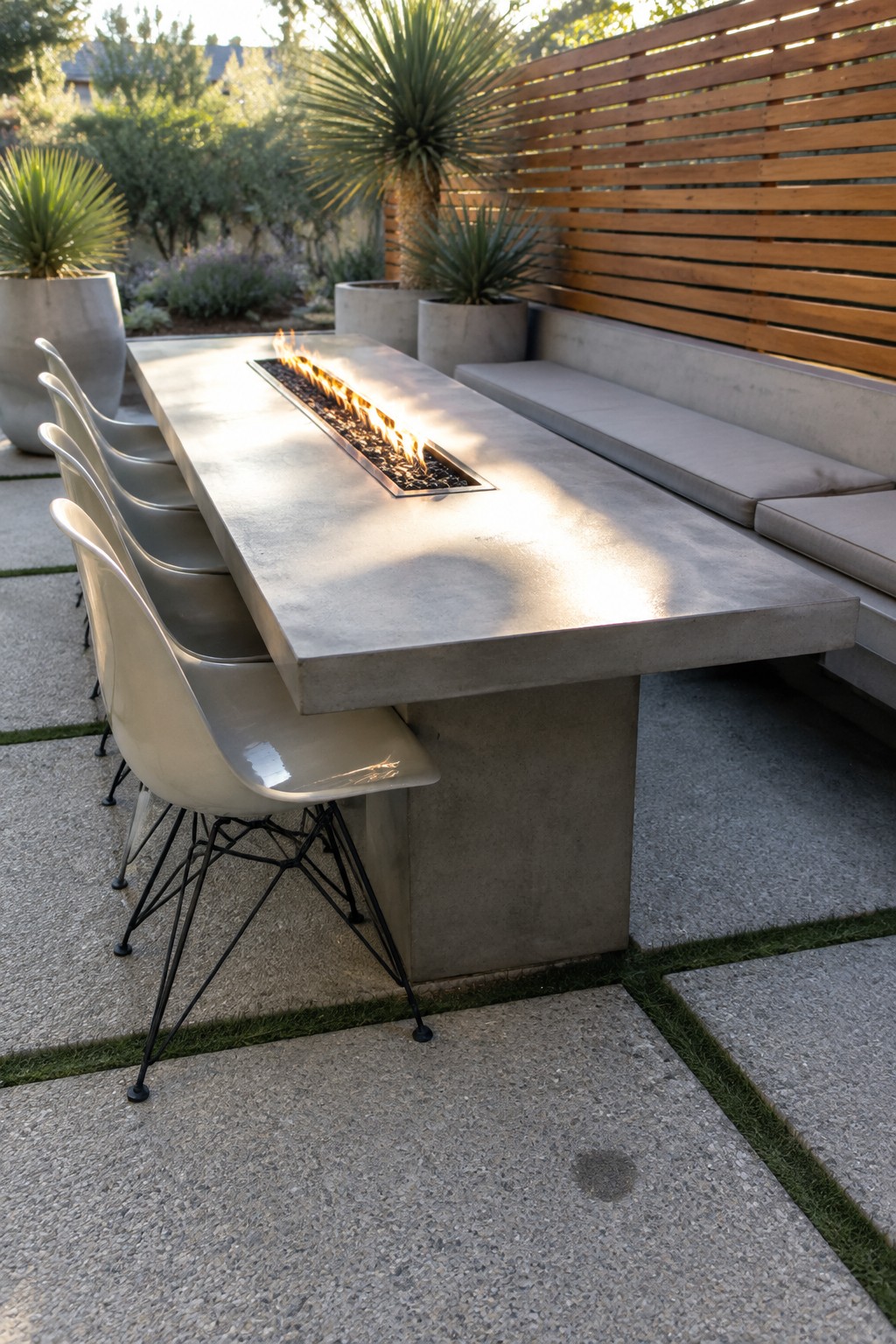 A concrete patio dining table with a narrow central gas fire feature, chairs on one side, and a built-in bench along a wooden privacy screen.