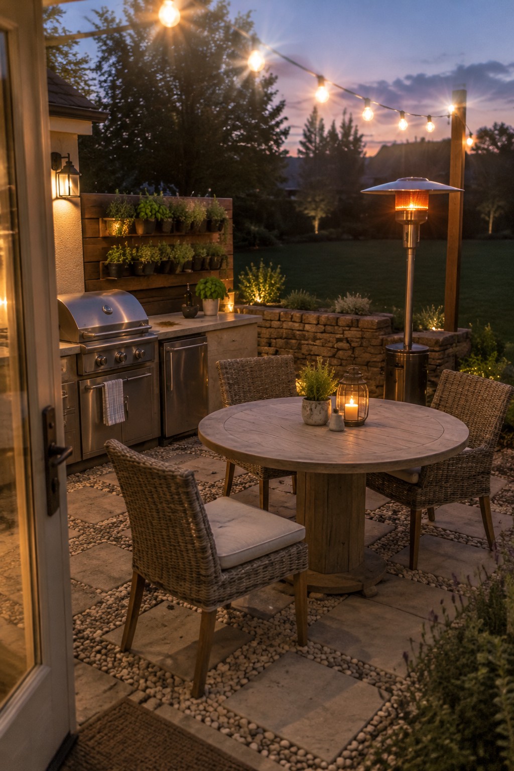 A round wooden dining table and wicker chairs sit on a stone patio beside an outdoor grill and wall-mounted planter.