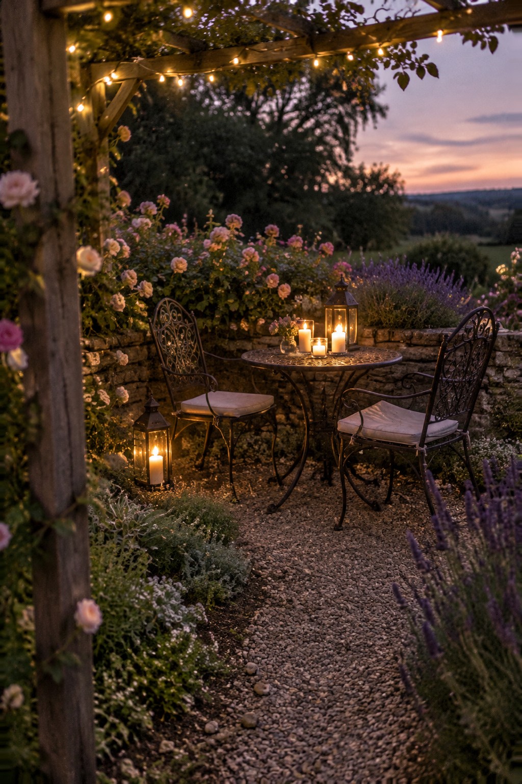 A small round metal table and two chairs sit beneath a pergola strung with lights, with candles in lanterns and flower beds nearby.