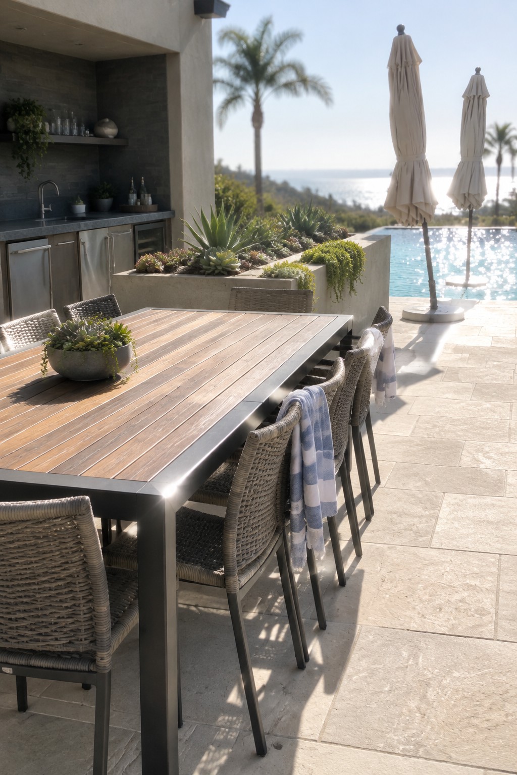A long wood-topped dining table with woven chairs sits on a stone patio beside a pool, with two closed umbrellas nearby.
