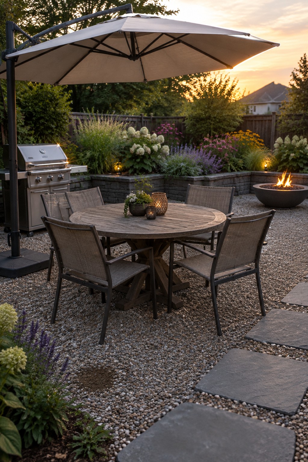 A round wooden patio dining table and chairs sit beneath a large cantilever umbrella in a gravel garden with a grill and fire pit.