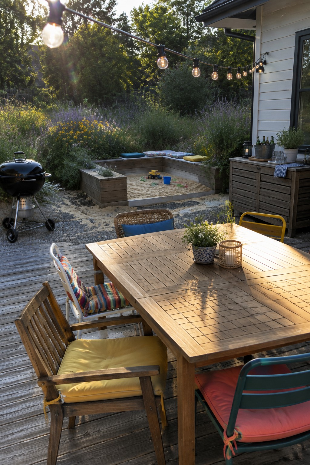 A wooden patio dining table and chairs sit beside a raised sandbox in a garden.