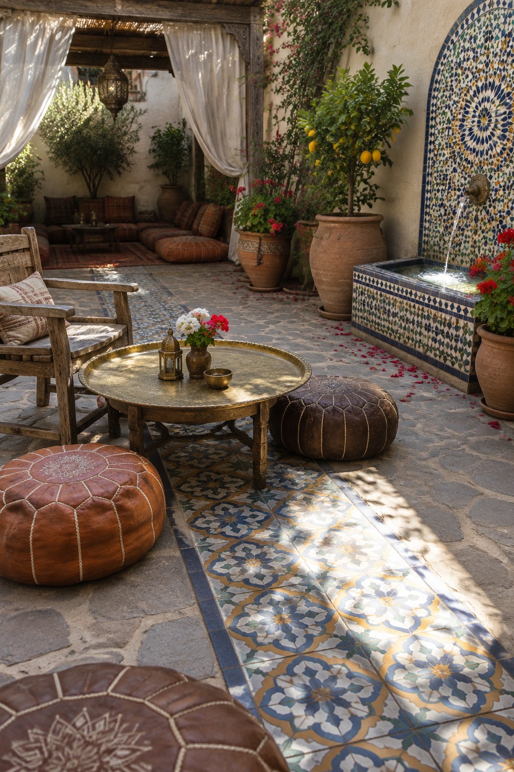 A courtyard patio with a low brass table, leather floor cushions, a wooden lounge area, potted citrus trees, and a blue-and-white tiled fountain.