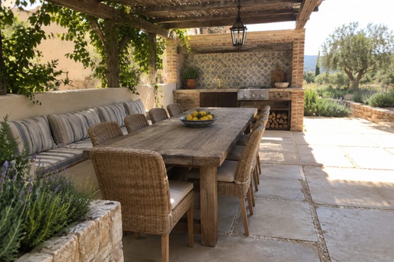 22 Practical Patio Garden Dining Ideas for Comfortable Outdoor Entertaining A wooden outdoor dining table with wicker chairs sits beside a cushioned built-in bench on a stone patio.