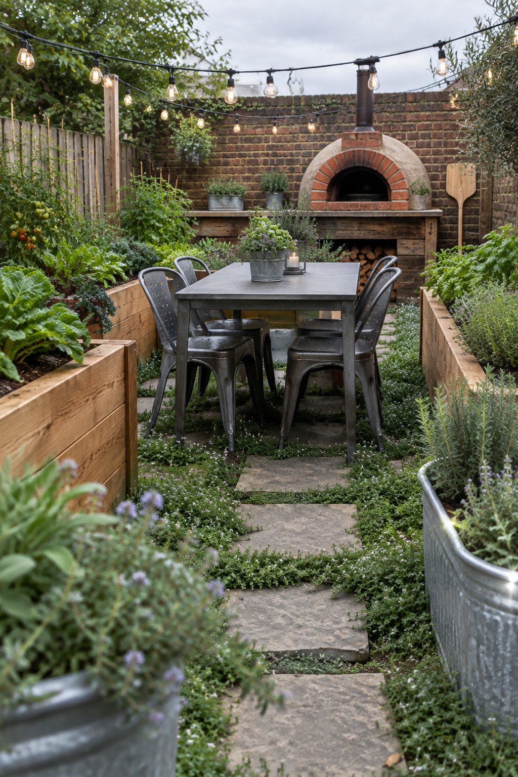 A metal dining table and chairs sit between raised garden beds along a stone path, with a brick outdoor oven behind them.
