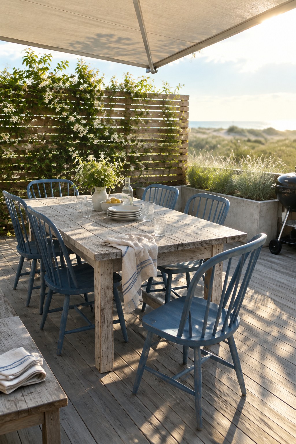 A wooden dining table with blue chairs sits on a deck beneath a canopy, beside a planted privacy screen.