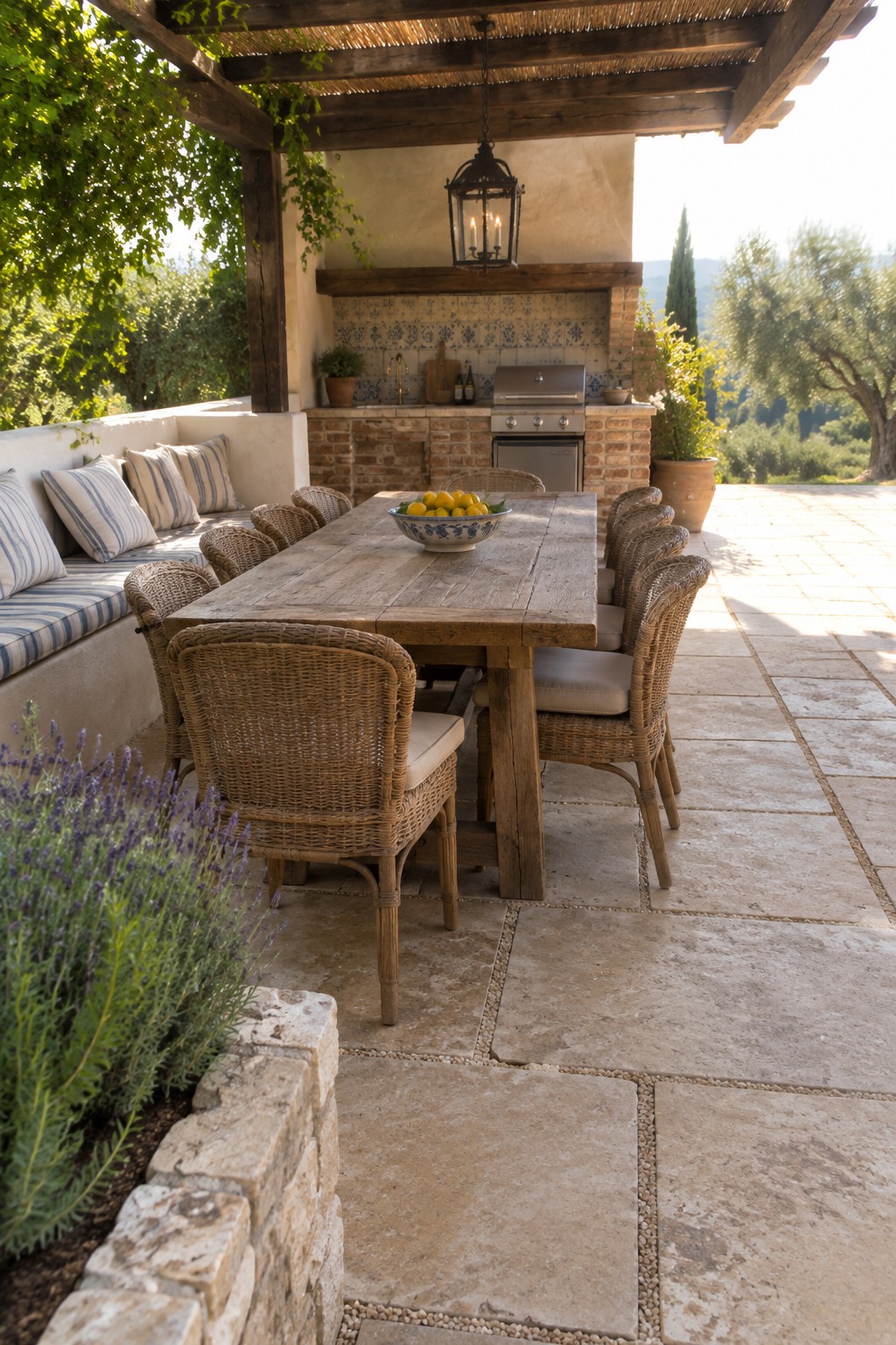 A wooden outdoor dining table with wicker chairs sits beside a cushioned built-in bench on a stone patio.