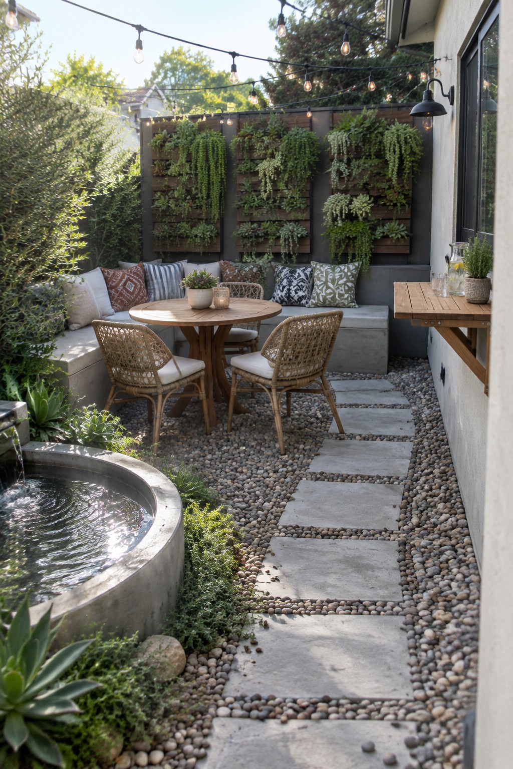 A round wooden dining table and woven chairs sit beside a built-in bench in a narrow patio with a stepping-stone path and planted wall.