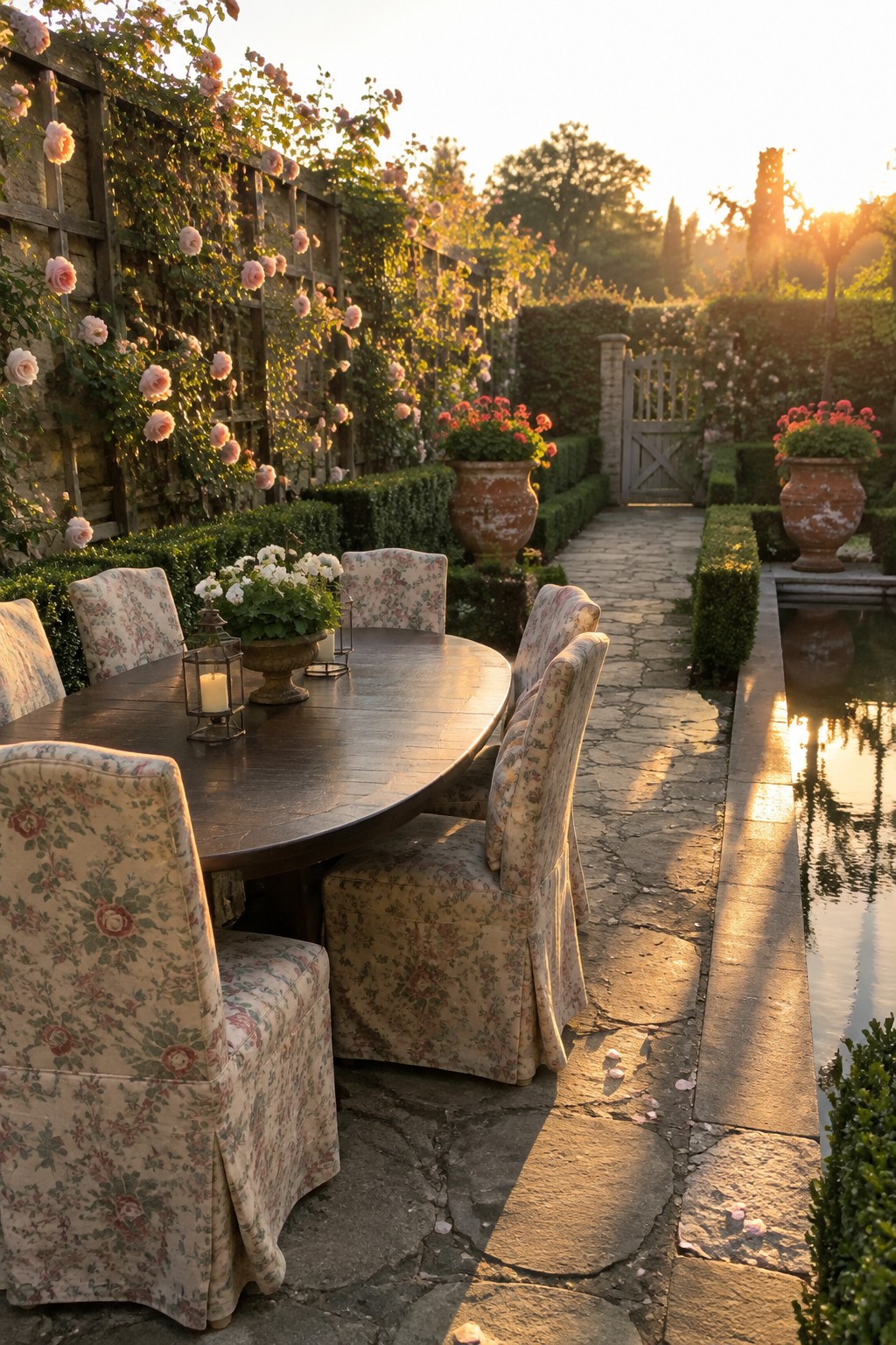 A round outdoor dining table with floral chairs sits beside a stone garden path, rose-covered trellis, and narrow reflecting pool.