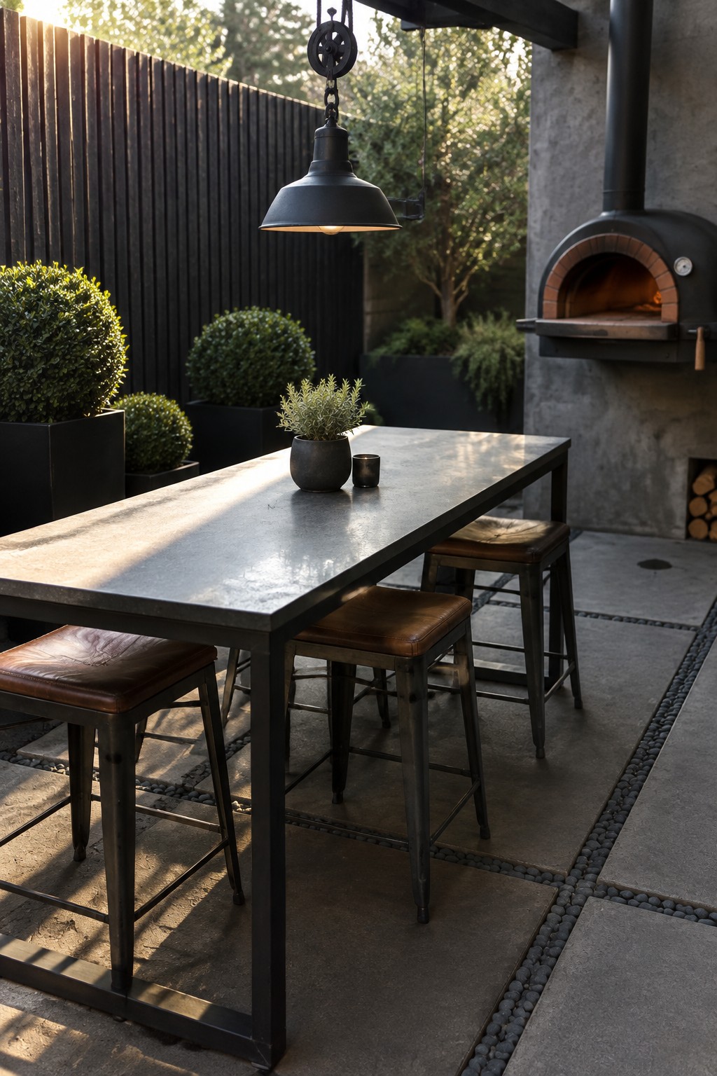 A long concrete patio table with metal stools sits beside a built-in pizza oven.