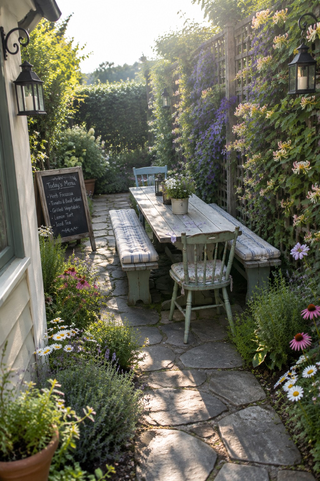 A long wooden dining table with benches and chairs sits beside a garden path and a flower-covered trellis.