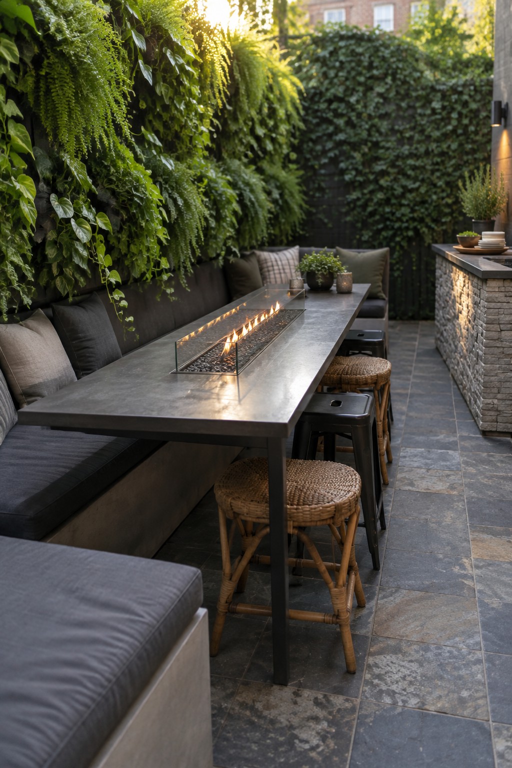 A long outdoor dining table with a narrow gas fire feature sits beside a built-in cushioned bench, with stools and a stone counter in a leafy courtyard.