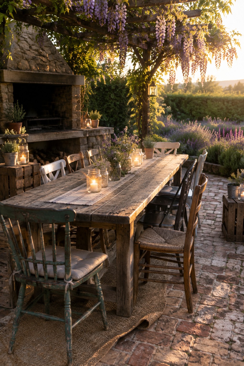 A long wooden dining table with chairs and candles sits on a brick patio beneath a pergola covered in purple flowers.