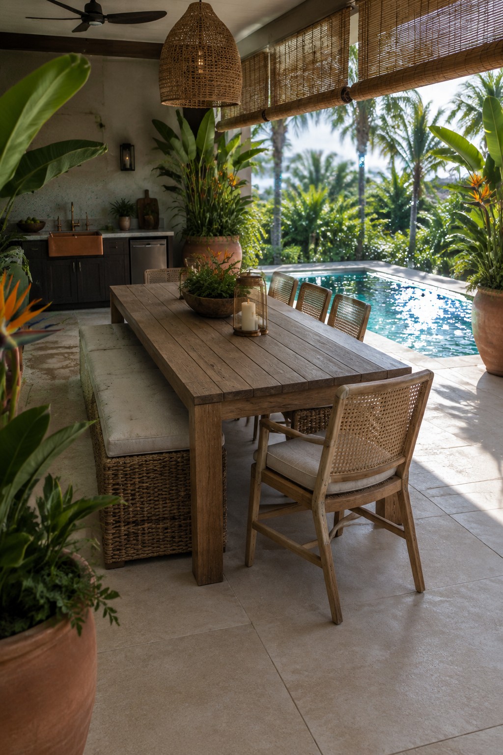 A wooden dining table with woven chairs and a built-in bench sits beside a swimming pool in a covered patio area.