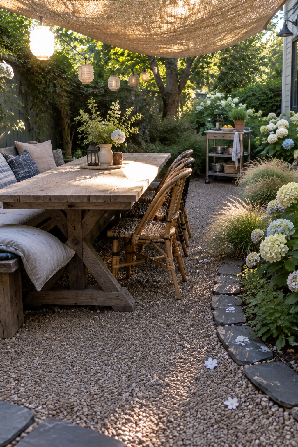 A wooden outdoor dining table and woven chairs sit beneath a woven shade canopy in a garden patio.