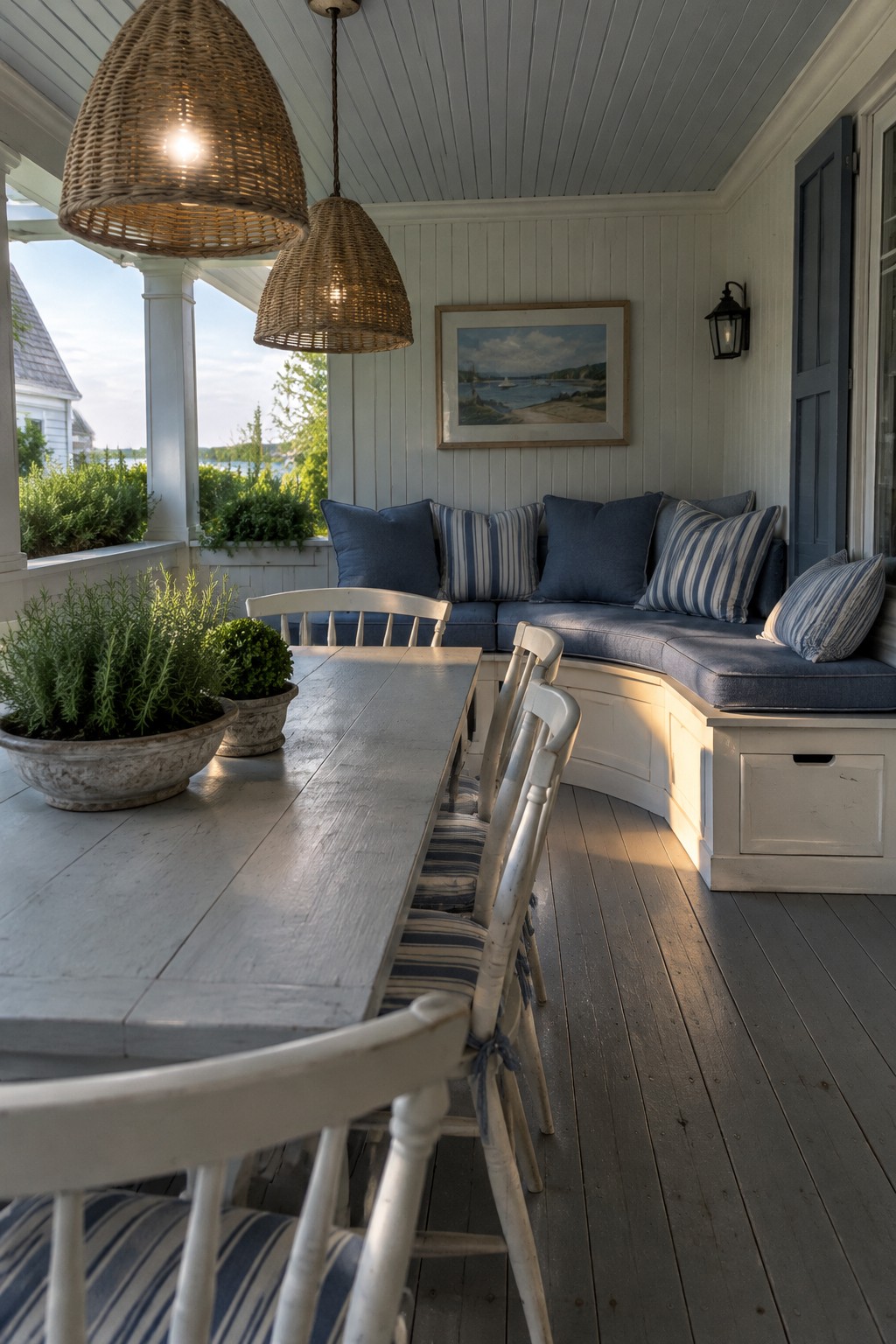 A covered porch with a long dining table, white chairs, built-in bench seating with blue cushions, and woven pendant lights.