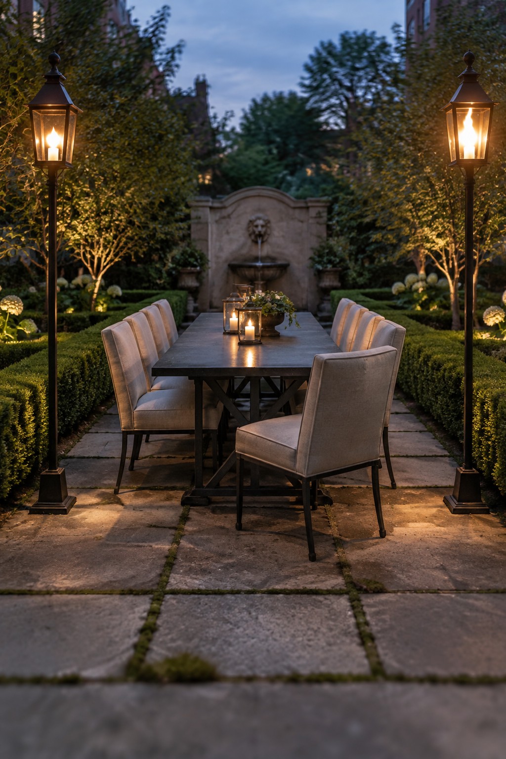 A long outdoor dining table with upholstered chairs and candles sits between two tall lantern posts in a garden.