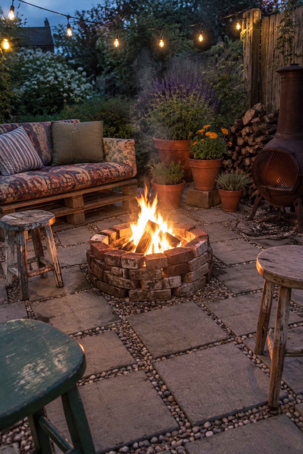 A round brick fire pit burns in the center of a paved patio with a patterned sofa, potted plants, string lights, and wooden stools.