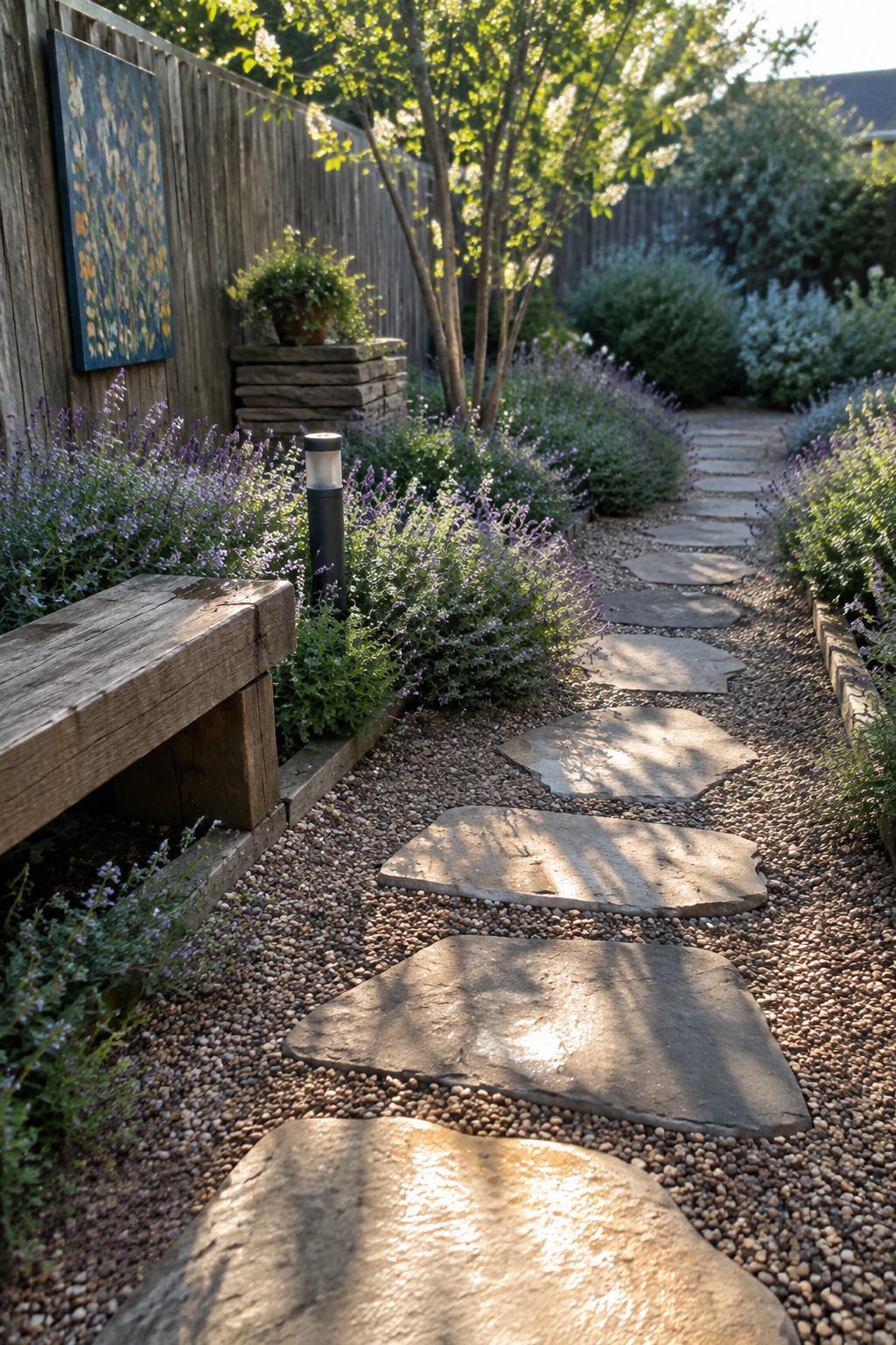 Irregular stone slabs form a path through gravel beside garden beds, flowers, a wooden fence, and a bench.