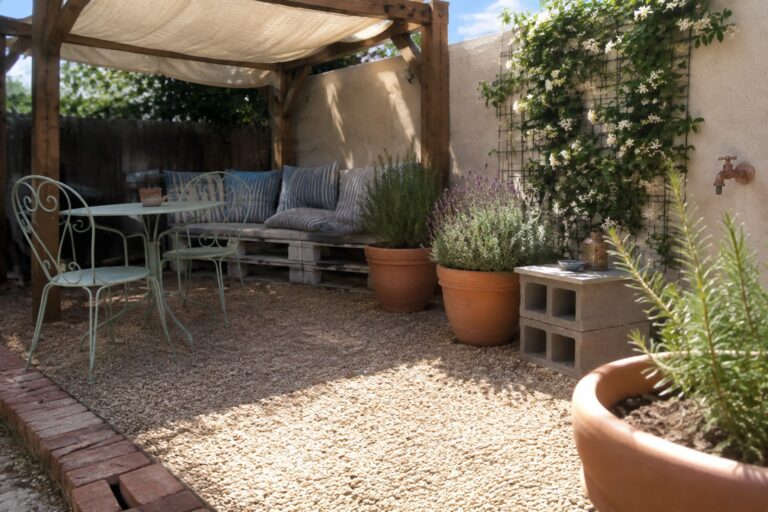 A gravel courtyard patio with a round table, folding chairs, a cushioned bench, and potted plants.