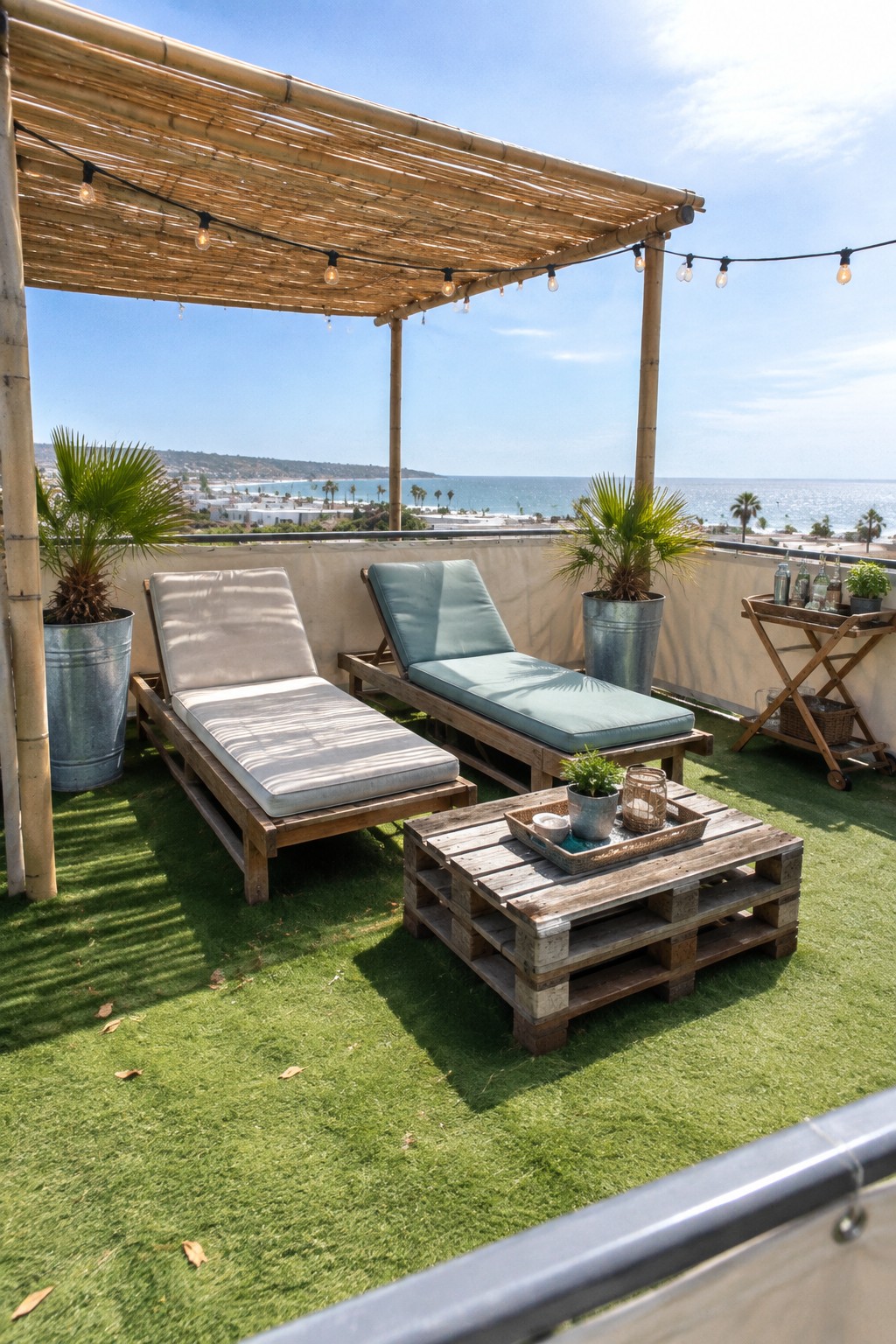 A rooftop patio with two pallet loungers beneath a bamboo canopy, potted palms, and views of the sea.