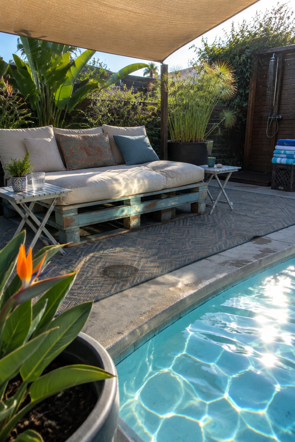 A cushioned pallet sofa sits beneath a tan shade sail beside a swimming pool.