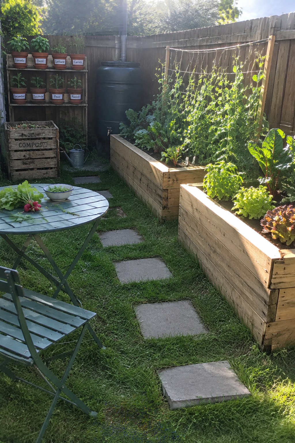 A small backyard garden with wooden raised beds, a stepping-stone path, vegetable planters on a shelf, and a round table.
